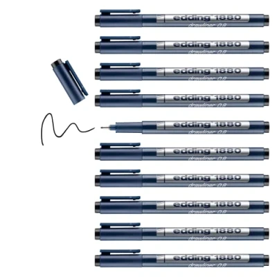 Image de edding 1880 Feutre fin de précision Noir 10 stylos Largeur trait 0,8 mm pour une écriture et des esquisses précises Pointe fine gainée métal adapté aux règles pochoirs