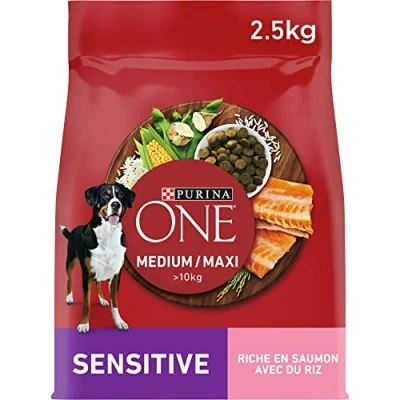 Image de PURINA ONE Medium/Maxi &gt;10kg Adultes Sensitive Croquettes Riches en Saumon pour Chiens Sac de 2,5kg