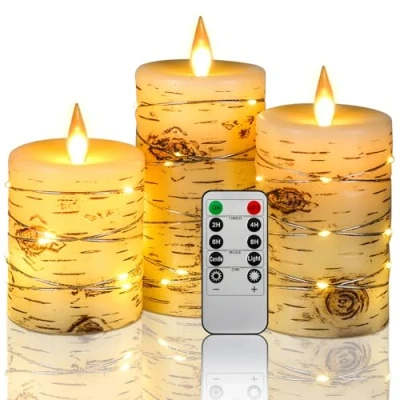 Image de Bougies LED sans flamme peintes à la main effet écorce de bouleau piliers piles 10 cm/12,5cm / 15 cm Avec dansante Télécommande 11 touches