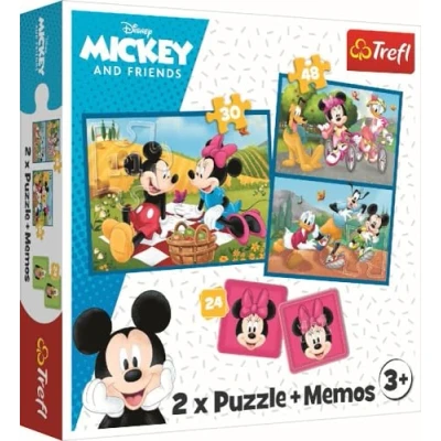 Image de Trefl, Rencontre Disney 3 en 1 : 2X Jeu de Mémoire, Puzzles avec Personnages Contes Fées, 30 et 48 éléments, Différents Niveaux Difficulté, 24 Mémos, 93344, Taille Unique