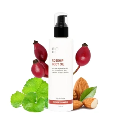 Image de Huile anti vergetures à la rose musquée, l&#039;amande douce, centella asiatica et aux huiles riches en vitamine E. 200 ml. 100% naturelle. Hydrate aide prévenir les vergetures.