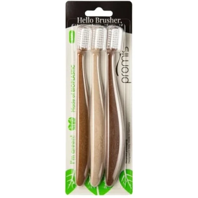 Image de promis brush brosse à dents durable fabriquée partir de matières premières renouvelables bioplastique poils souples 6750 fabriqué en Allemagne design italien (triopack, wood love)