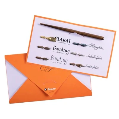 Image de Brause 139B Une pochette pour l&#039;écriture et la calligraphie contenant 6 plumes (Sténo, Ecolière, Index, Plakat 10mm Bandzug 1,5 mm, 3mm) un porte plume en bois