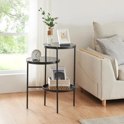 Image de [en.casa] Table d&#039;Appoint avec 3 Plateaux Ronds à Hauteurs Différents Basse Bout de Canapé Chevet Support pour Plantes Style Intemporel Métal 70 x 58 37 cm Noir