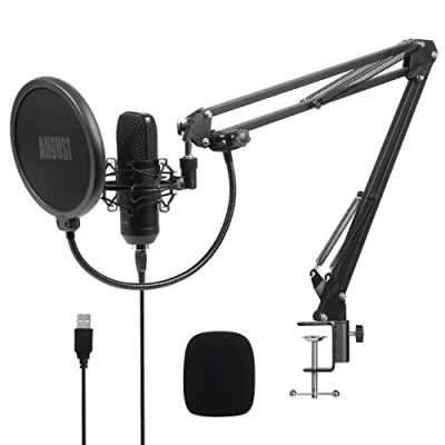 Image de August Micro Bras PC Articulé USB Condensateur Cardioïde Unidirectionnel REC100 Kit Microphone pour Ordinateur Youtube Zoom Teams Podcast Gaming Enregistrement Studio Support Antichoc &amp; Filtre Pop