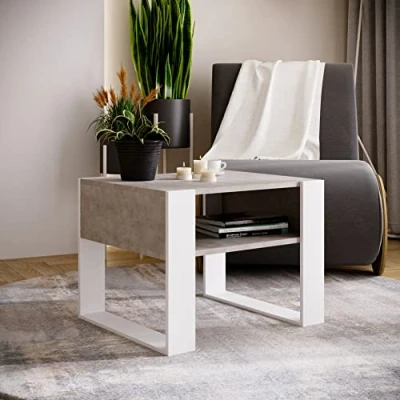 Image de MRBLS Table basse Design rustique moderne de salon d&#039;appoint à thé en bois (Beton Blanc mat) 65 x 45 53,6 cm (l H P)