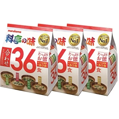 Image de Marukome Soupe Miso Ryotei no Aji 4 Saveurs, 36 Soupes Instantanées Japonaises (Algues Wakame, Oignons Verts, Tofu, Aburaage), Lot de 3 Packs