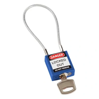 Image de Brady Cadenas à câble compacts Lockout Tagout de sécurité avec Clé longue tige Différente 32mm x 35mm 16mm Longueur du 200 mm, Bleu