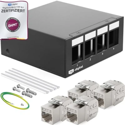 Image de hb digital Kit : boîtier de panneau brassage à 4 ports pour modules Keystone + prises RJ45 Cat.8 installation en réseau compatible avec câble pose LAN Ethernet Noir
