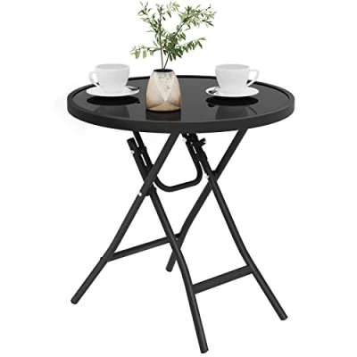 Image de eSituro Table de Jardin Pliante, Basse Balcon, Pliante d&#039;Appoint extérieure pour Terrasse en Verre Trempé, Noir, Ronde Ф46x47,5cm SCPT0036