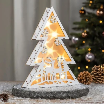 Image de Spetebo Sapin de Noël LED en bois 30 cm Renne Présentoir décoratif blanc chaud Noël, Avent, hiver étoile table Éclairage à piles