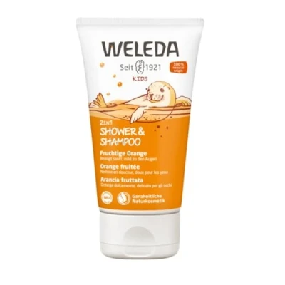Image de WELEDA 2in1 Shower &amp; Shampoo Orange fruitée Nettoie en douceur, doux Pour les yeux la toilette du corps et cheveux des enfants à partir de 3 ans NATRUE* Vegan*** 150ml