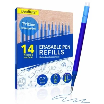 Image de DealKits Lot de 14 recharges rechange effaçables 0,7 mm, bleues, compatibles avec Pilot FriXion Ball, Clicker et Eberhard Faber, mines pour stylo gel effaçable, pratique l&#039;école