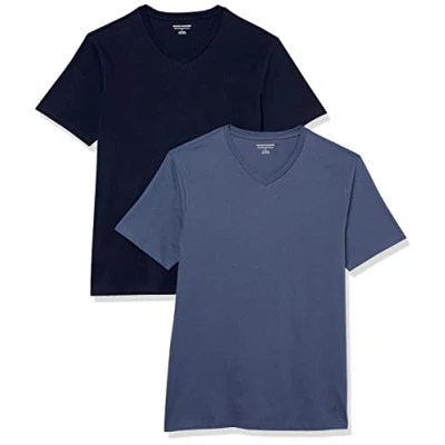 Image de Amazon Essentials T shirt slim à manches courtes et col en V Homme, Lot de 2, Bleu Foncé/Bleu Marine, M