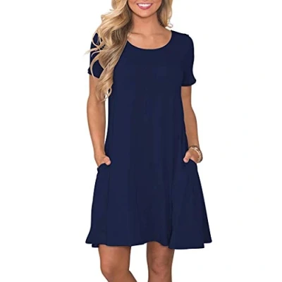 Image de AUSELILY Femmes Robes D&#039;été à Manches Courtes Décontracté T Shirt Robe Ample Courte avec Poches Bleu Marine M