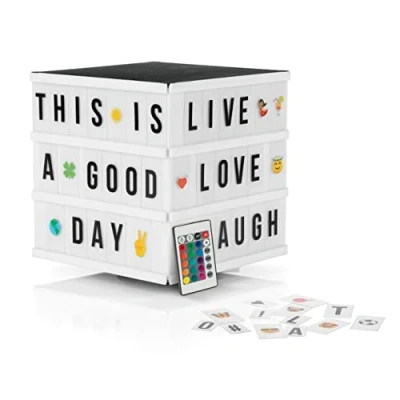 Image de EASYmaxx Boîte lumineuse DEL Light Box Pour des messages textuels personnalisés Mega set avec 150 emojis colorés et 173 lettres, chiffres symboles interchangeables [Cube]