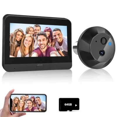 Image de Visiophone sans Fil,WiFi 1080P Judas de Porte Camera Surveillance avec 4.3 Pouces écran d&#039;affichage,Détection Humaine,Audio Bidirectionnel,La Fonction Vision Nocturne+ 64G carte mémoire (B)