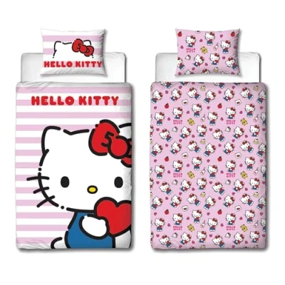 Image de Hello Kitty Parure de lit Simple sous Licence Officielle Design Literie réversible Double Face Chat avec taie d&#039;oreiller Assortie Parfait pour Chambre d&#039;enfant Polycoton