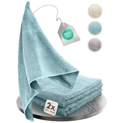 Image de Homewell Set de Serviettes moelleuses et si absorbantes 100% Coton certifiées Oeko Tex 100 (2 50x100cm, Turquoise)