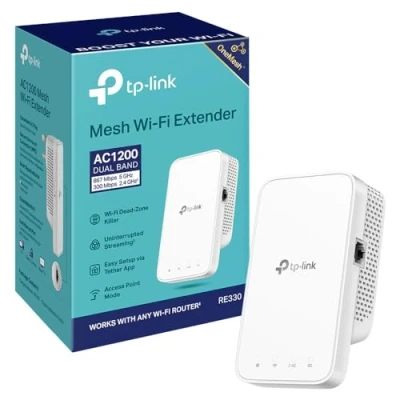 Image de TP Link AC1200 Mesh Dual Band Wi Fi Range Extender, Broadband/Wi Booster/Hotspot with 1 Ethernet Port, Built In Access Point Mode, Works Any Router, UK Plug (RE330)