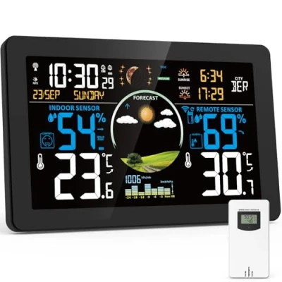 Image de VIFLYKOO Station Météo Sans Fil, Thermomètre et Hygromètre Intérieur Extérieur avec Capteur Externe, Prévisions Météo, Écran VA 7,5&quot;, Baromètre, Alarme, 4 Rétroéclairage Réglable