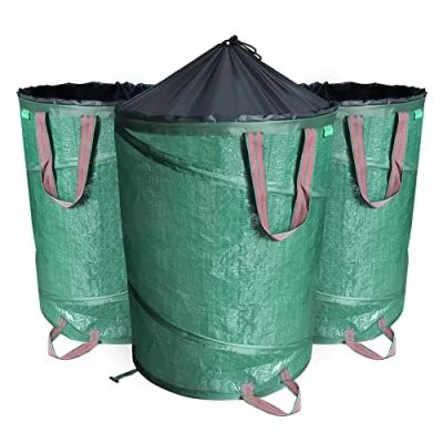 Image de VOUNOT Lot de 3 Sac jardin Pop up en Polyéthylène avec Poignées Seau Réutilisable Yard Feuille Sacs déchets Ultra Résistants Pliable Poubelle Robuste Vert