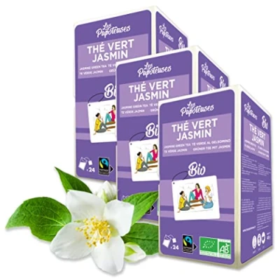 Image de LES PAPOTEUSES thé vert au Jasmin bio 72 sachets Certifié biologique et commerce équitable Lot de 3 boîtes 24 feuilles aromatisé aux fleurs