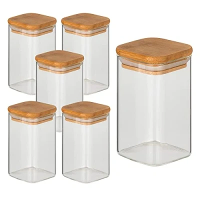 Image de gouveo Lot de 6 bocaux à provisions 250 ML en Verre borosilicaté carré avec Couvercle Bocal Conservation remplir récipients Verre, boîtes boîte