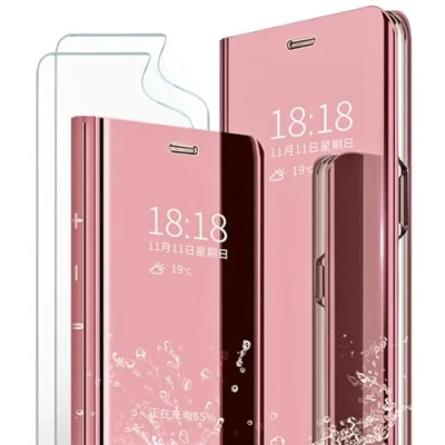 Image de MLOTECH Coque pour Samsung S20 Ultra,étui+Protection Écran [2 Pièces] Flip Clear View Translucide Miroir Standing 360Housse Antichoc Smart Cover Bumper Or Rose