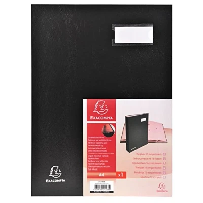 Image de Exacompta Réf. 24161E 1 parapheur direction dos à soufflets toilé porte étiquette couverture plastifiée 16 compartiments en carte rose avec 3 perforations dim 24x32 cm couleur noir