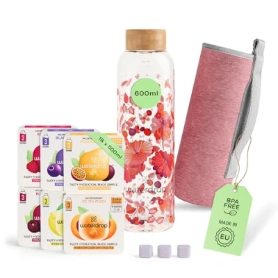 Image de waterdrop® Coffret Dégustation Bouteille en verre 600 ml + 18 Microdrink Pastille Cube Boisson 6 saveurs Aux extraits naturels de fruits et plantes vitamines Sans sucre Gourde BPA