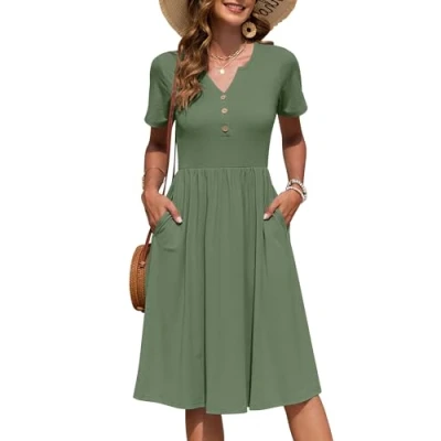 Image de AUSELILY Robe Femme d&#039;été à Manches Courtes Longueur Genou Col en V avec Boutons Robes Mi Longue Style Empire Poches Vert Olive S