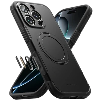 Image de Ringke Alles Coque iPhone 16 Pro Max Antidérapant Antichoc Protection Cache du Bouton de Commande l&#039;Appareil Photo Robuste Flexible Ultra Fine TPU Souple Durable Béquille Intégrée Étui Black