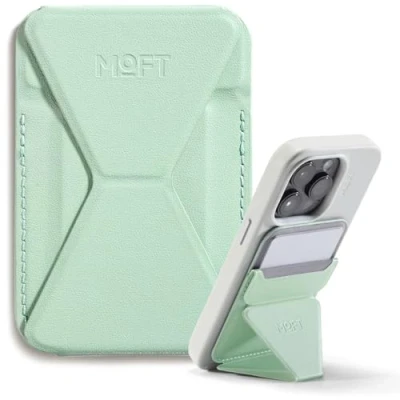 Image de MOFT Porte Carte Adhésifs pour iPhone 16/15/14/13, Compatible avec MagSafe, Support Telephone en Cuir MOVAS, 3 Angles, 2 Cartes, Poignée Smartphone, Léger, Pliable et Portable (Menthe Poivrée)