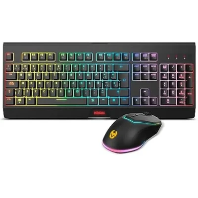 Image de KROM Kabala Kit Clavier sans Fil à Membrane rétro éclairé RVB Arc en Ciel, 6 Touches Anti éblouissement, Souris Optique Niveaux DPI 800 4800 la volée, Disposition espagnole, Noir