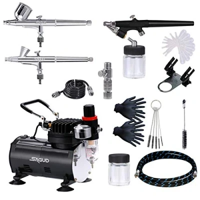 Image de SAGUD Kit aerographe avec compresseur, Pistolet aérographe Double Action 3 aérographes 0,2 mm, 0,3 0,8 mm et Aiguille pour Les Loisirs, Le modélisme, Ongles