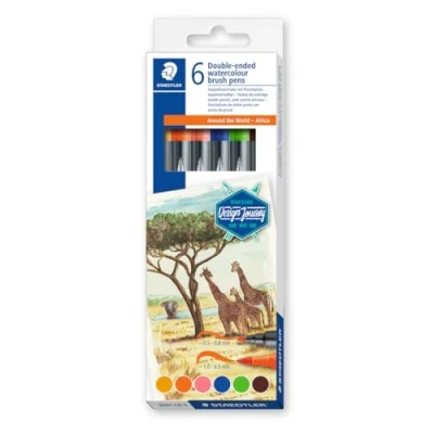 Image de STAEDTLER 3001 6 feutres double Pointe de coloriage aquarellables assortis pinceau 1 mm fine 0,5 0,8 Edition Design Journey Etui carton C6 3