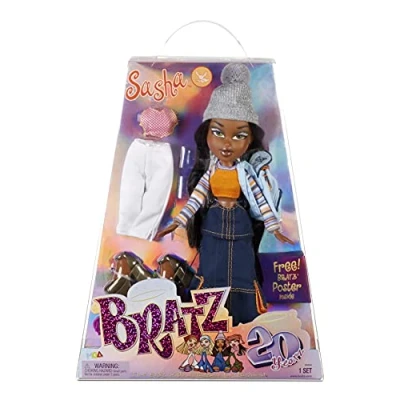 Image de Bratz 20 Ans Édition spéciale Poupée mannequin originale Sasha Emballage &amp; affiche holographiques À collectionner Réplique de la version 2001 Contient 2 tenues, chaussures, sac +