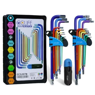 Image de CCLIFE 18 Pièces Jeu de Clés Allen Hexagonales avec Poignée, Cr V Torx, 1.5mm 10mm &amp; T10 T50, 6 Pans à Tête Sphérique, Multicolore