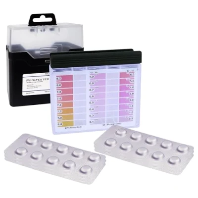Image de Testeur de Piscine Testkit 60 Comprimés Test Rapide 30x Phenol Red (Valeur du pH) et DPD1 (Chlore Libre), Chambre Mesure, Boîte Rangement