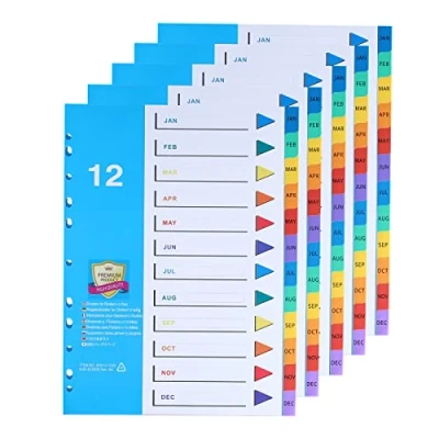 Image de (Lot de 5) A4 Intercalaires en Plastique, Feuillets 12 Positions,Intercalaires avec Onglets Multicolores,Numérotés Jan Dec