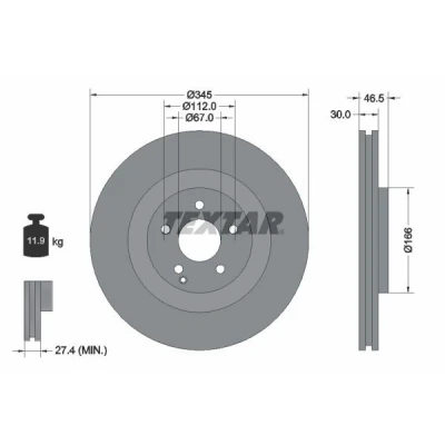 Image de TEXTAR PRO 92123603 Disque de frein 345 30 05/06 112 ventilé l&#039;intérieur revêtu sans boulon fix roue, moyeu roue