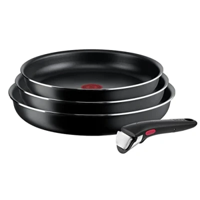 Image de Tefal Ingenio Easy On Lot de 3 poêles 22/24/26 cm, antiadhésifs, revêtement titane, thermosignal, poignée amovible, passe au lave vaisselle et four, ne convient pas à induction.