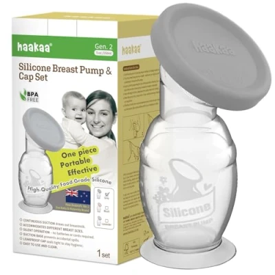 Image de haakaa Tire lait Manuel en Silicone avec Base Antidérapante et Couvercle Silicone, Fonctionnement Silencieux Sans Mains, Succion Naturelle, Étanche Facile à Nettoyer, 150ml, Gris