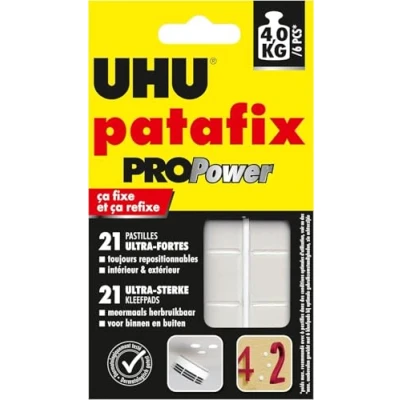 Image de UHU Patafix Propower pastilles adhésives prédécoupées, pâte à fixer, ultra fortes (jusqu&#039;à 3 kg), repositionnables, blanche, 21