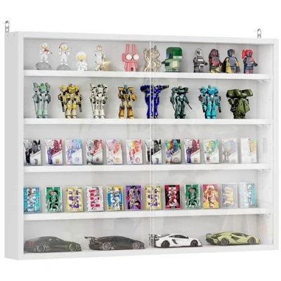 Image de HOMCOM vitrine pour Collection Murale 80 x 9,5 60 cm avec 4 étagères réglables en Hauteur et 2 Portes coulissantes Verre, de Figurines Voitures Miniatures, Blanc