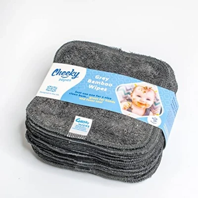 Image de Cheeky Wipes Lot de 25 lingettes lavables en éponge bambou, 15 x cm, réutilisables, grises, parfaites pour les mains et le visage bébé.