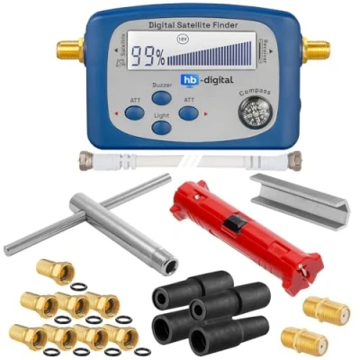 Image de HB Digital Kit d&#039;installation satellite XXL : Pointeur numérique avec boussole, dénudeur, clé de montage, aide au tournage, 8 fiches F plaquées or, 2 connecteurs + 4 douilles en caoutchouc