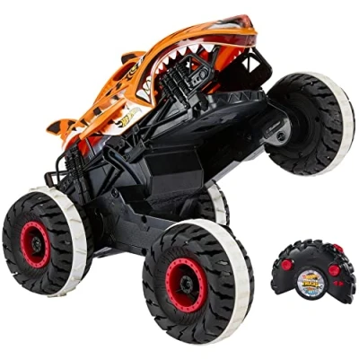 Image de Hot Wheels Monster Trucks Voiture Télecommandé, Requin Tigre Inarrêtable avec Pneus Tread Attack et Technologie Terrain Stomp, Conduite sur 2 ou 4 Roues, Jouet pour Enfant de Ans Plus, HGV87