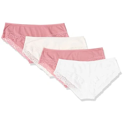 Image de Amazon Essentials sous Vêtements Style Hipster en Coton et Dentelle Femme, Lot de 4, Blanc Vif/Mauve/Rose Pâle, 42